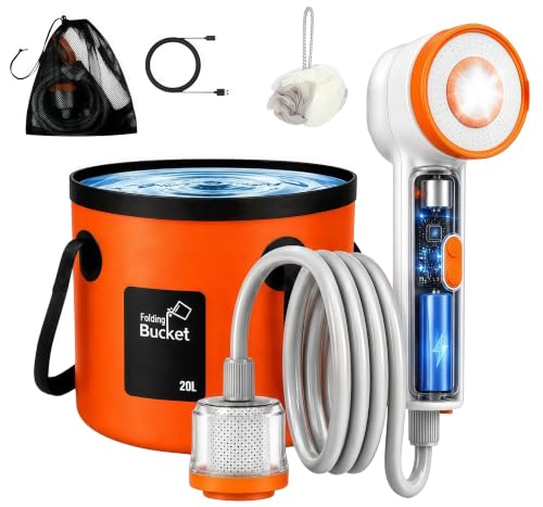 NordCleor Portable Camping Shower with Activated Carbon Filtration, Rechargeable Pump, Dual Spray, LED Light, 20L Foldable Bucket for Outdoor Use