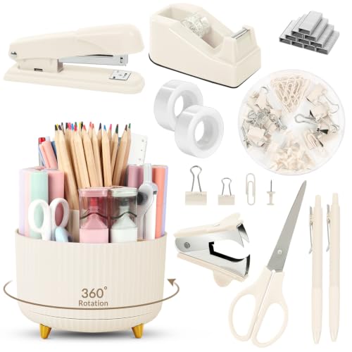SKYDUE Desk Organizer Set with Rotating Pen Holder for Desk,Office Supplies | Office Supply Kit, Includes Stapler and Tape Dispenser Set, Scissors, Clips, Pins for Home Office, School, Teacher