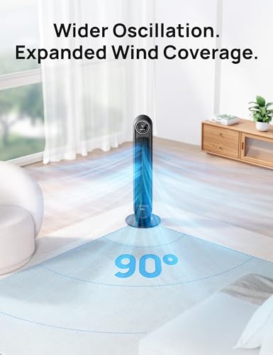 Dreo Tower Fan for Bedroom, 25ft/s Velocity Quiet Floor Fan, 90° Oscillating Fans for Indoors with 4 Speeds, 4 Modes, 8H Timer, Standing Fans, Bladeless Fan, Black, Nomad One (DR-HTF007)