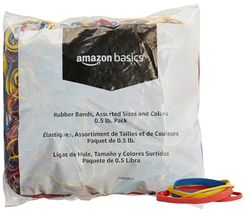 Amazon Basics Assorted Size and Color Rubber Bands, Strong Elastic Stretch Office Supplies, 0.5 lb. Variety Assortment