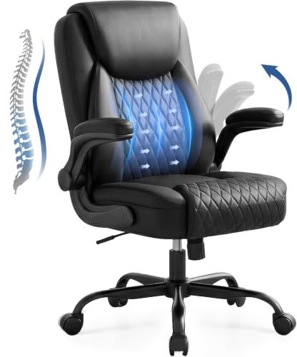 GTPOFFICE Executive Office Chair with Comfortable Lumbar Support, Ergonomic Gaming Chair with Flip-up Armrests & Zoned Pressure-Relief Cushion, Comfy PU Leather Desk Chair, Black