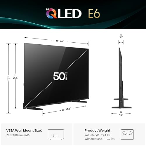 Hisense 50" E6 Cinema Series Hi-QLED 4K UHD Smart Fire TV (50E6QF) - AI Light Sensor, Dolby Vision · Atmos, Voice Remote with Alexa, Motion Rate 120, HDR 10+ Adaptive, Game Mode Plus