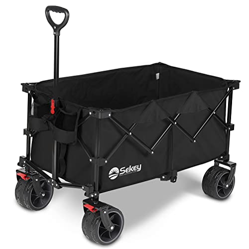 Sekey 220L Collapsible Foldable Wagon with 330lbs Weight Capacity, Heavy Duty Folding Utility Garden Cart with Big All-Terrain Beach Wheels & Drink Holders. Black