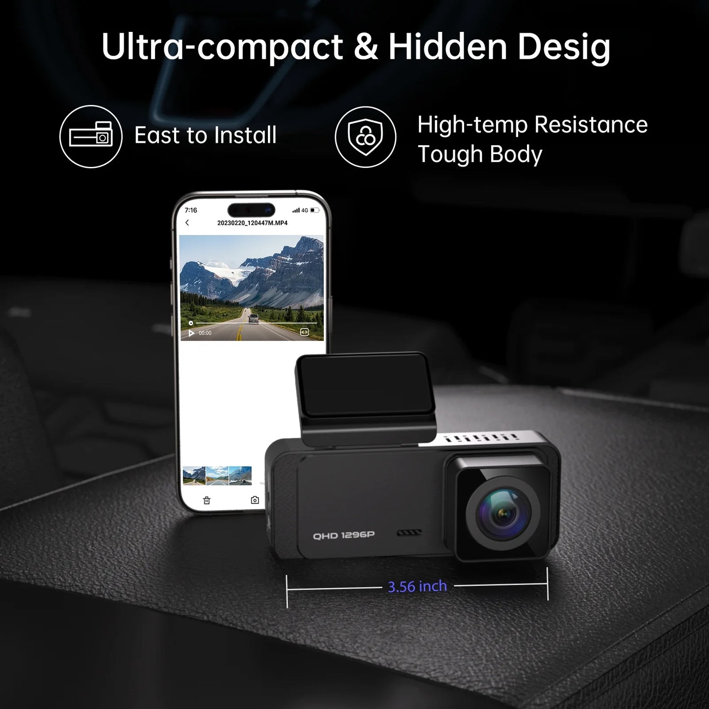 Ecomoment Dash Cam Front WiFi 1296P, Dash Camera for Cars,Dashcam with Night Vision, Car Camera with APP, Mini Dashcams with 24H Parking Mode, Loop Recording, WDR, Support 256GB Max,Black