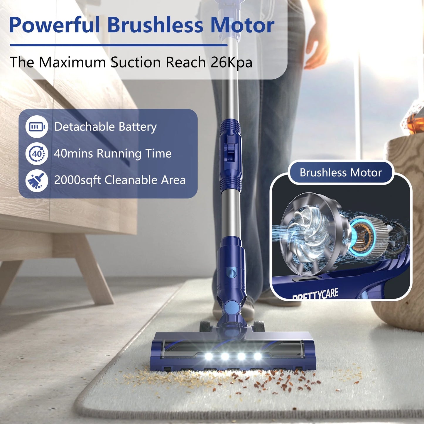 PrettyCare Lightweight Stick Cordless Vacuum Cleaner for Pet Hair Carpet Hard Floor Vacuum Cleaner P1