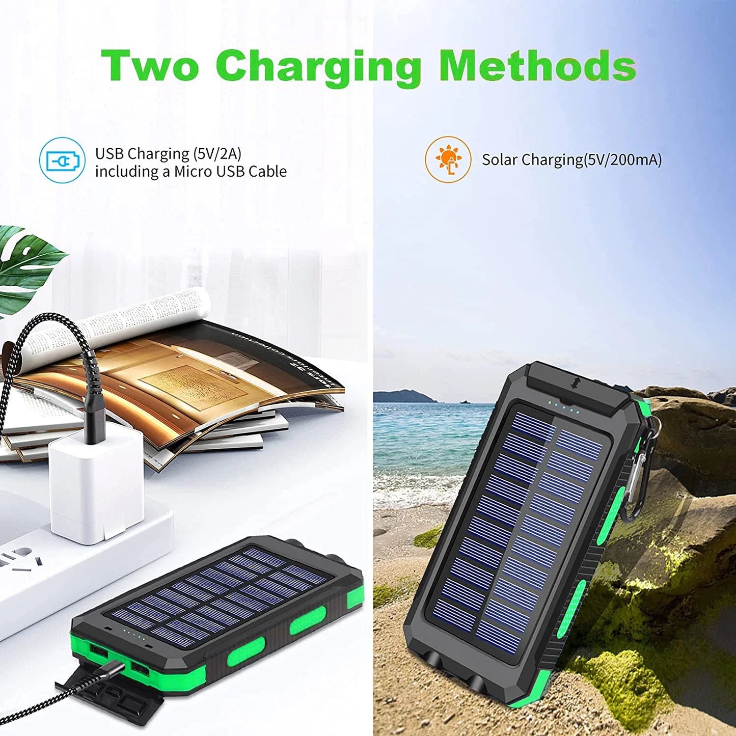 20000mAh Solar Charger for Cell Phone iphone, Portable Solar Power Bank with Dual 5V USB Ports, 2 Led Light Flashlight, Compass Battery Pack for Outdoor Camping Hiking(Green)