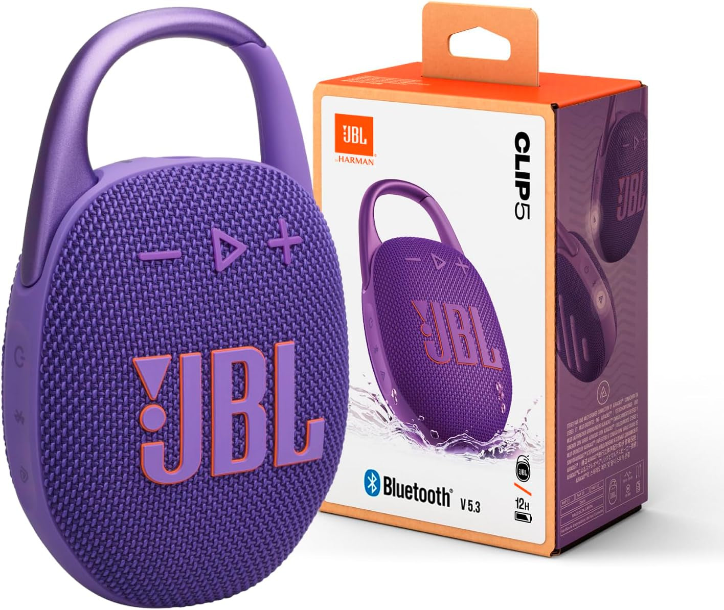 JBL Clip 5 - Ultra-Portable, Waterproof & Dustproof Bluetooth Speaker, Big Pro Sound with Punchy bass, Integrated Carabiner, Up to 12 Hours of Play, Made in Part with Recycled Materials (Purple)