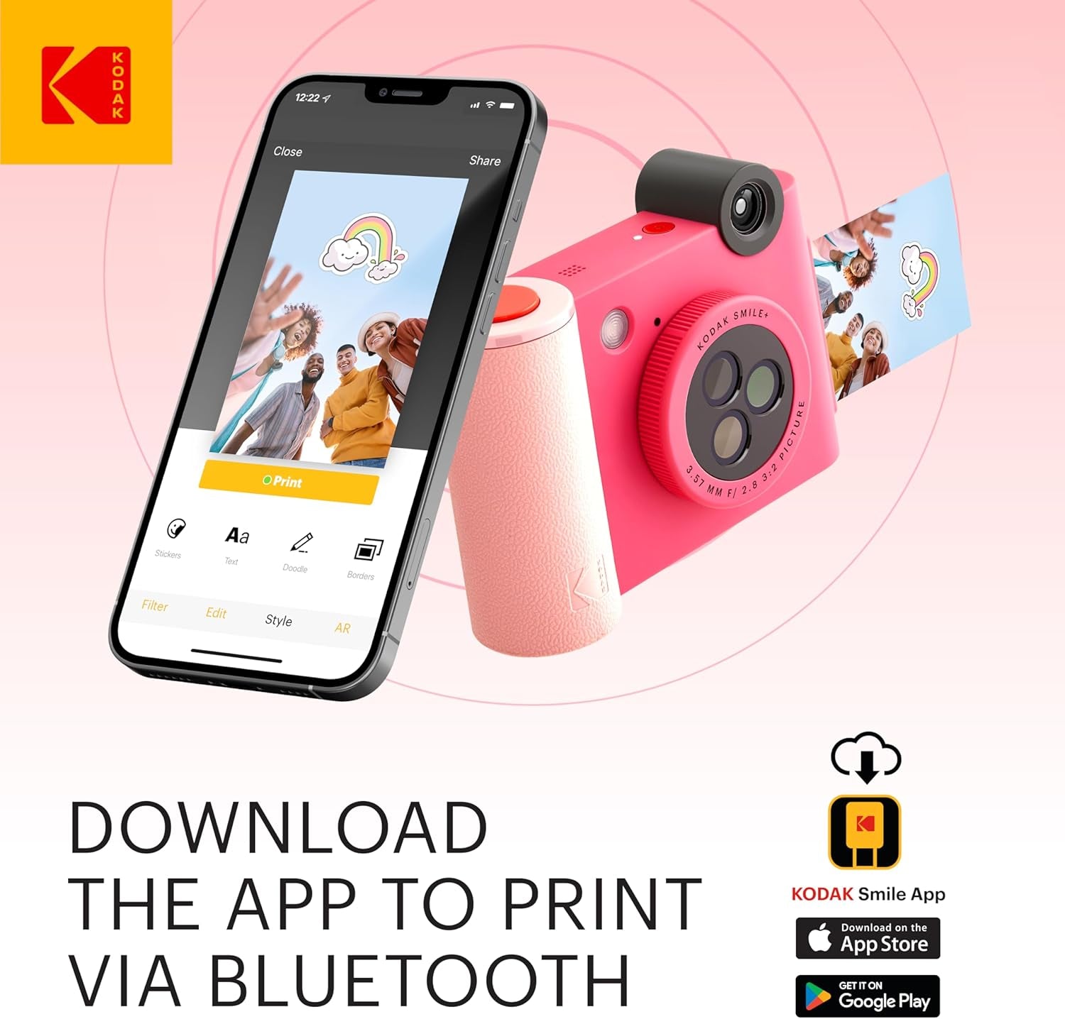 KODAK Smile+ 2-in-1 Digital Instant Print Camera & Wireless Bluetooth Photo Printer - 10MP, Special-Effect Rotating Lens, Zink 2x3” Sticky-Back Photos, Print via Fun App from Smart Devices - Fuchsia