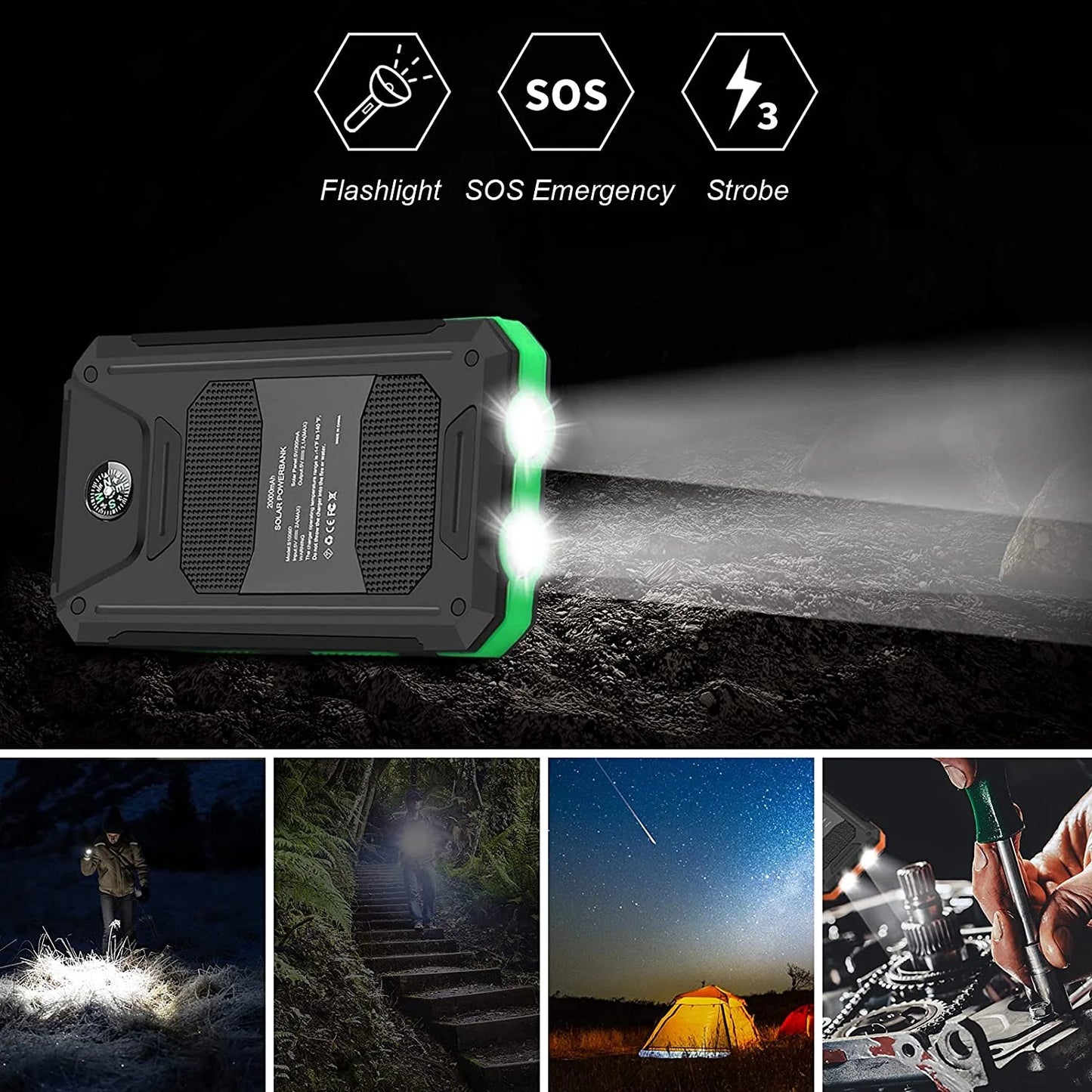 20000mAh Solar Charger for Cell Phone iphone, Portable Solar Power Bank with Dual 5V USB Ports, 2 Led Light Flashlight, Compass Battery Pack for Outdoor Camping Hiking(Green)