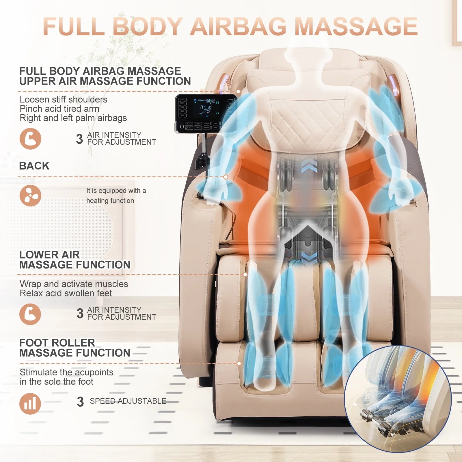 Advanabd Massage Chair, Full Body Zero Gravity Shiatsu 4D Recliner with Heated Bluetooth Foot Roller, Beige