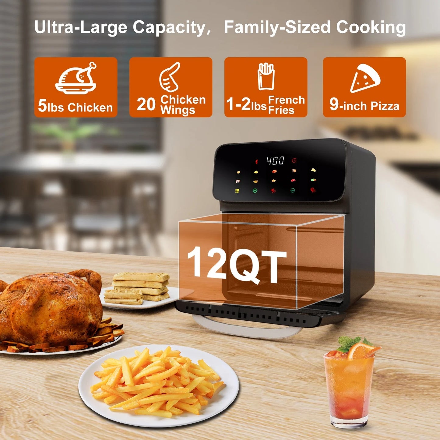 Evo Chef Air Fryer 12QT Convection Oven with 10-in-1 Multi Function, Visible Window and Touchscreen, Black