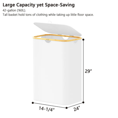 SpaceAid Double Laundry Hamper 2 Section with Lid and Removable Laundry Bags, 160L Clothes Basket with Bamboo Handles, Large Collapsible Hamper for Bedroom, Bathroom, Dorm, Laundry Room - White