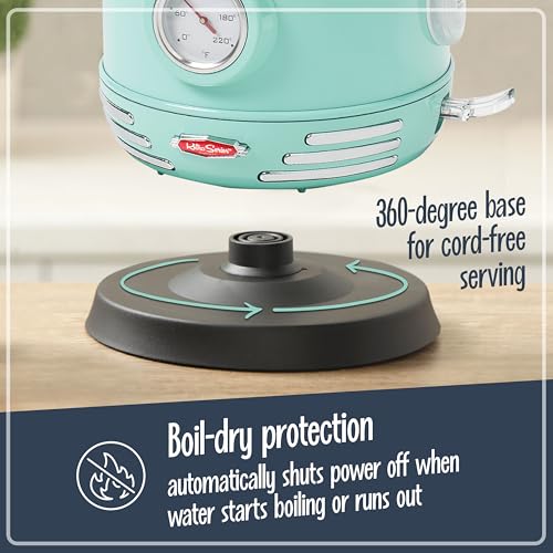 Nostalgia Retro Stainless Steel Electric Tea And Water Kettle, 1.7 Liters, Auto-Shut Off & Boil-Dry Protection, Water Level Indicator Window, Aqua