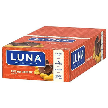 LUNA Bar - Nutz Over Chocolate Flavor - Gluten-Free - Non-GMO - 7-9g Protein - Made with Organic Oats - Low Glycemic - Whole Nutrition Snack Bars - 1.69 oz. (15 Count)