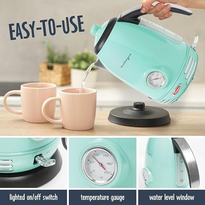 Nostalgia Retro Stainless Steel Electric Tea And Water Kettle, 1.7 Liters, Auto-Shut Off & Boil-Dry Protection, Water Level Indicator Window, Aqua