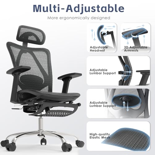 Ergonomic Office Chair, SGS Certified Gas Cylinder, 400 LBS Capacity,Office Chair with Adjustable Lumbar Support, Retractable Footrest, Mesh Office Chair Gaming Chair