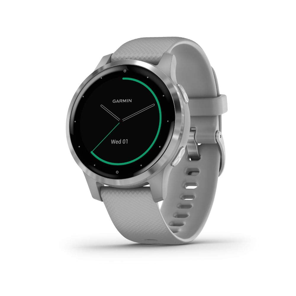 Garmin vivoactive 4S, Smaller-Sized GPS Smartwatch, Features Music, Body Energy Monitoring, Animated Workouts, Pulse Ox Sensors and More, Silver with Gray Band