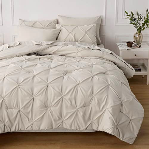 Bedsure Beige Comforter Set Queen - Bed in a Bag Queen 7 Pieces, Pintuck Bedding Sets Beige Bed Set with Comforter, Sheets, Pillowcases & Shams