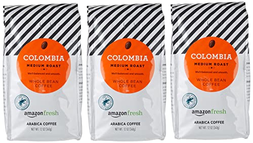 Amazon Fresh Colombia Whole Bean Coffee, Medium Roast, 12 Ounce (Pack of 3)