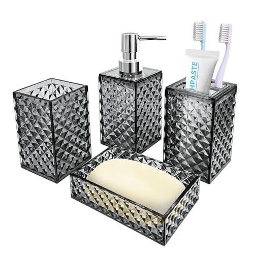 Seeatoo 4 PCS Bathroom Accessory Set, Grey Bathroom Accessories Set | Soap Dispenser and Toothbrush Holder Set, Soap Dish and Mouthwash Cup, Boho Bathroom Decor, Plastic Bathroom Sets Accessories