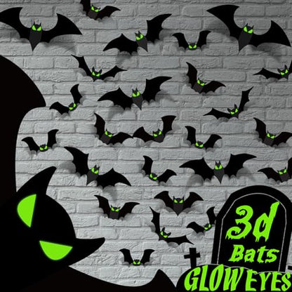 Halloween Decorations Indoor - Bats Halloween Decorations Plastic Spooky Scary 3D Bats for Halloween Party Bathroom Kitchen Home Room Outdoor Wall Glow Eyes Bats Stickers Gothic Decor 56 Pcs