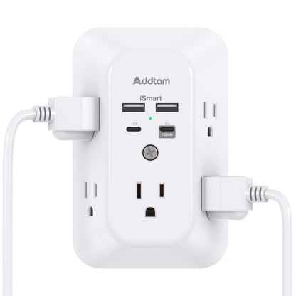 Addtam USB Wall Charger Surge Protector, 5 Outlet Extender with 4 USB Charging Ports 3 Sided 1800J Power Strip Multi Plug Outlets, Wall Adapter Spaced for Home Office, PD 20W