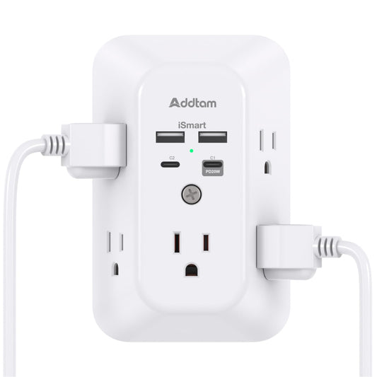 Addtam USB Wall Charger Surge Protector, 5 Outlet Extender with 4 USB Charging Ports 3 Sided 1800J Power Strip Multi Plug Outlets, Wall Adapter Spaced for Home Office, PD 20W