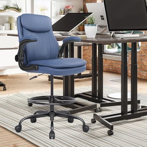 Misolant Leather Drafting Chair, Tall Office Chair for Standing Desk, High Executive Office Chair with Adjustable Height and Flip-up Armrest for Counter Height Desk