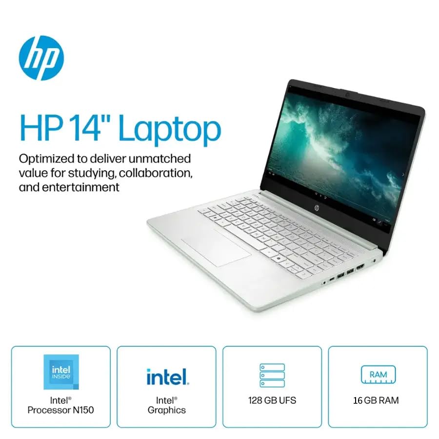 HP 14" Laptop for Student Business, with Office Lifetime License & Windows 11 Pro, Intel 4-Core N150, 16 GB RAM, 384 GB Storage(128GB UFS+256GB Micro SD), Ultra Light, Webcam, WiFi, HDMI, Green