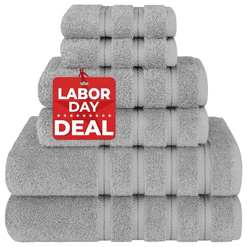 American Soft Linen Luxury 6 Piece Towel Set, 2 Bath Towels 2 Hand Towels 2 Washcloths, 100% Cotton Turkish Towels for Bathroom, Light Grey Towel Sets