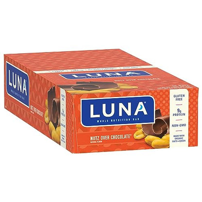 LUNA Bar - Nutz Over Chocolate Flavor - Gluten-Free - Non-GMO - 7-9g Protein - Made with Organic Oats - Low Glycemic - Whole Nutrition Snack Bars - 1.69 oz. (15 Count)