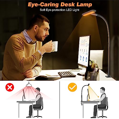 Airlonv LED Desk Lamp for Office Home, Eye-Caring Desk Light with Stepless Dimming Adjustable Flexible Gooseneck, 10W USB Adapter Desk Lamp with Clamp for Reading, Study, Workbench (Black)