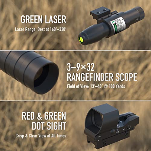 Pinty 4-in-1 Rifle Scope Combo, 3-9x32 Rangefinder Scope, Red & Green Dot Sight, Green Laser, 14 Slots Riser