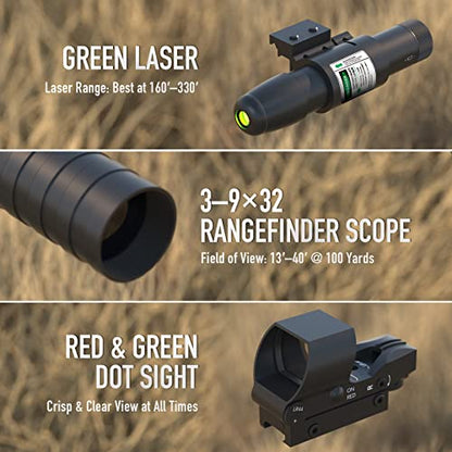 Pinty 4-in-1 Rifle Scope Combo, 3-9x32 Rangefinder Scope, Red & Green Dot Sight, Green Laser, 14 Slots Riser