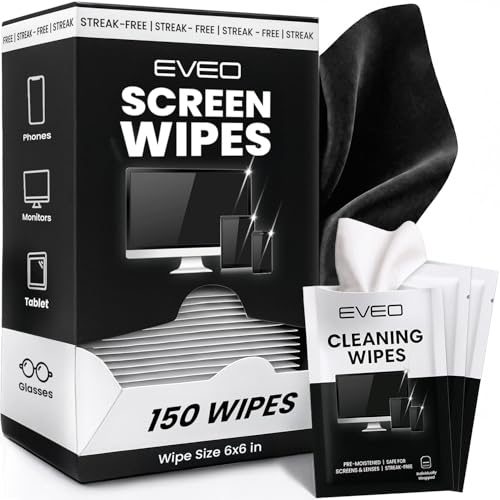 EVEO Screen Wipes (150 Pack) - Electronic Wipes, Computer Screen Cleaner Wipes for Electronics | Computer Screen Wipes & Laptop Cleaner, Phone Wipes, Car Screen Cleaner & More - Microfiber Included