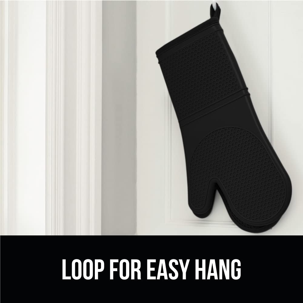 Gorilla Grip BPA-Free Soft Silicone Oven Mitts, Heat and Slip Resistant Thick Cotton Lined Cooking Mitt Set, Long Flexible Potholders Protect Hands, Kitchen Essential Waterproof Gloves, 12.5" Black