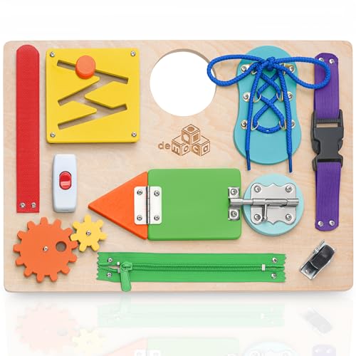 deMoca Busy Board for Toddlers, Montessori Wooden Activity Board with 10 Educational Activities for Learning Fine Motor Skills, Kids Travel Toy for Boys & Girls, Packaging May Vary