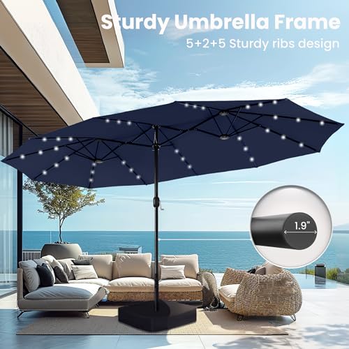 PHI VILLA 15ft Large Patio Umbrella with Solar Lights, Double-Sided Outdoor Market Rectangle Umbrellas with 36 LED Lights, Umbrella Base (Stand) Included, Navy Blue