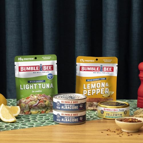 Bumble Bee Lemon & Pepper Seasoned Tuna, 2.5 oz Pouches (Pack of 12) - Ready to Eat - Wild Caught Tuna Pouch - 17g Protein per Serving - Gluten Free