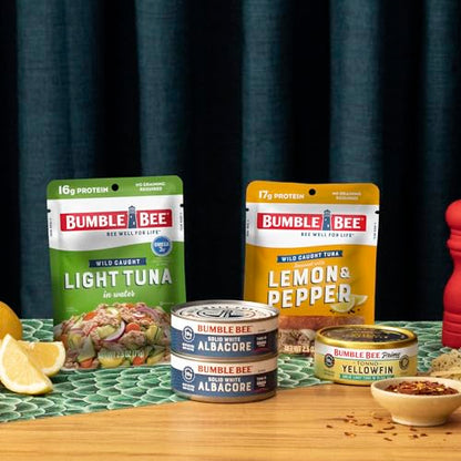 Bumble Bee Lemon & Pepper Seasoned Tuna, 2.5 oz Pouches (Pack of 12) - Ready to Eat - Wild Caught Tuna Pouch - 17g Protein per Serving - Gluten Free