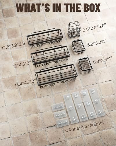 Veken Shower Caddy 6 Pack,Adhesive Bathroom Shower Organizer for Bathroom Storage&Home Decor&Kitchen,No Drilling,Large Capacity, Rustproof Stainless Steel Shower Shelves Rack for Inside Shower, Black