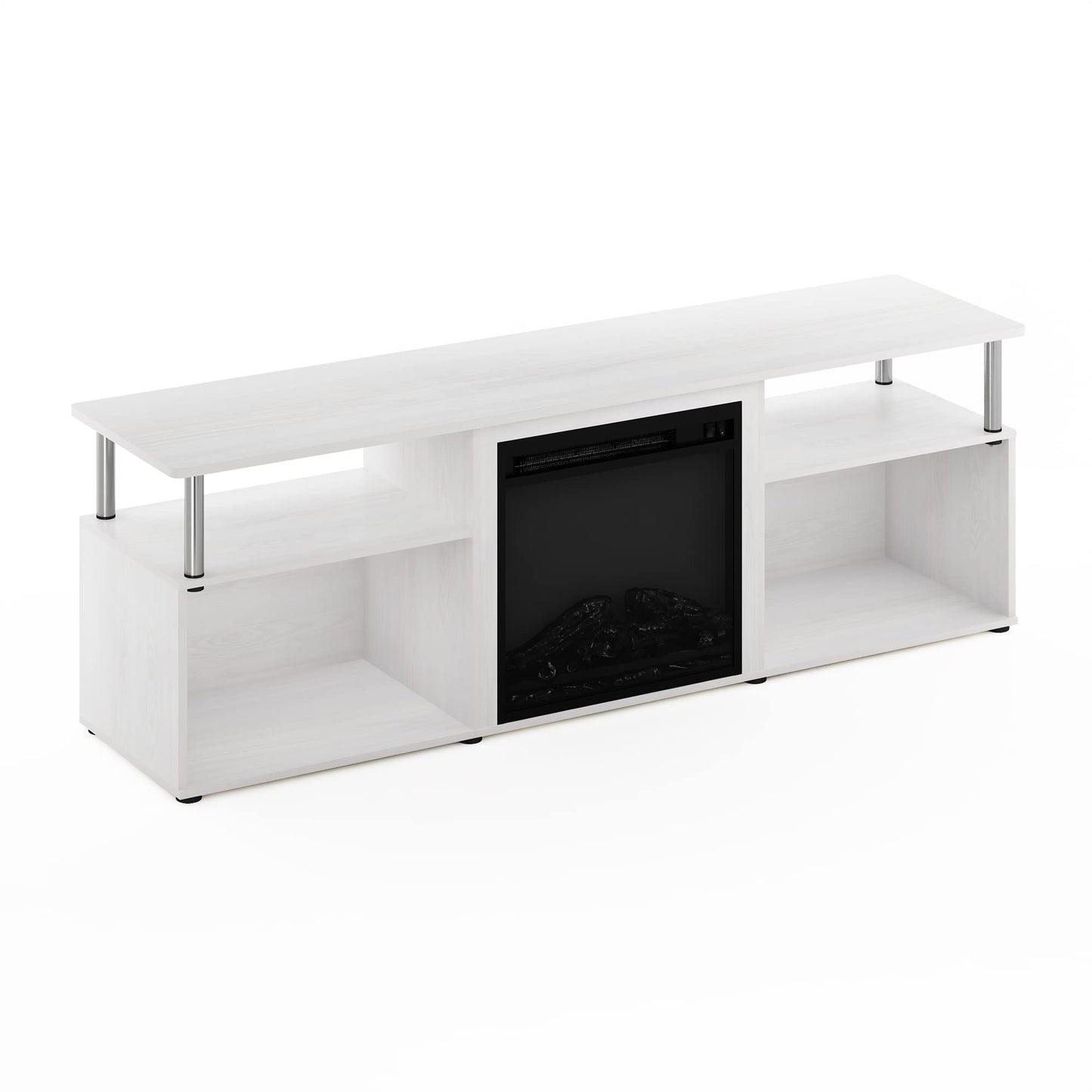 Furinno Jensen Open Storage Fireplace Entertainment Center for TV up to 70 Inch with Stainless Steel Tubes, White Oak/Chrome