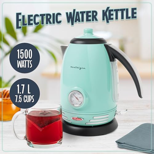 Nostalgia Retro Stainless Steel Electric Tea And Water Kettle, 1.7 Liters, Auto-Shut Off & Boil-Dry Protection, Water Level Indicator Window, Aqua