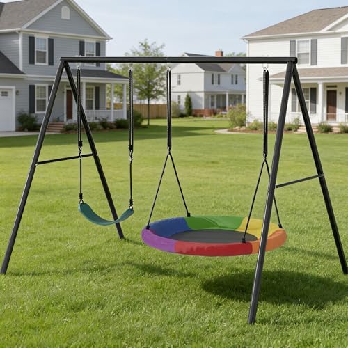 SYESWAY 440lbs Swing Frame Set with Stand – Saucer Swing & Belt Swing, Heavy Duty Metal Swing Set with Adjustable Height for Backyard, Outdoor Playground Equipment for Kids