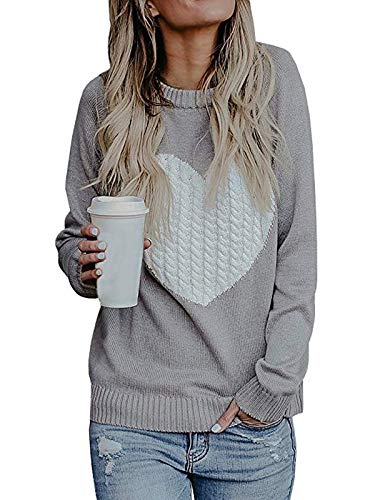 shermie Women's Pullover Sweaters Long Sleeve Crew Neck Casual Front Big Cute Heart Sweater Large Grey