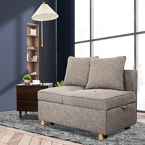 SEJOV Sofa Bed Chair 4-in-1 Convertible Chair Bed, 3-Seat linen Fabric loveseat Sofa with 2 Throw Pillow, Single Recliner for Small Space with 5 Adjustable Backrest, Brown Grey