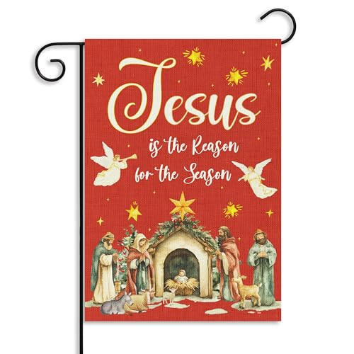 Dvbonike Jesus Is The Reason For The Season Red Garden Flag - Christmas Nativity Linen Flag Religion Vertical Double Sided Burlap Banner Outdoor Decor Winter Farmhouse Lawn Yard Porch 18.1 x 12.6"