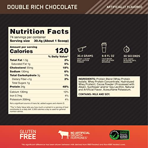 Optimum Nutrition Gold Standard 100% Whey Protein Powder, Double Rich Chocolate, 5 Pound (Packaging May Vary)