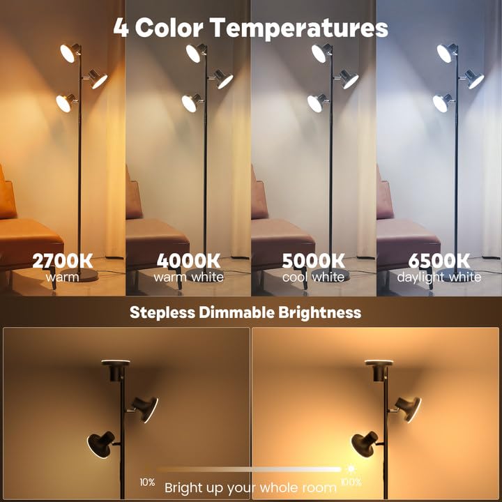 SIBRILLE 36W LED Tree Floor Lamp, Modern Dimmable Standing Lamp with Remote & Touch Control, 4 Color Temperatures, 3 Rotatable LED Light Floor Lamps for Living Room, Bedroom, Office