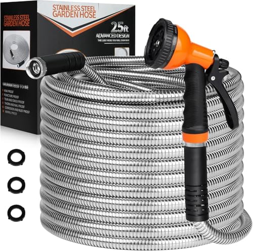 HDKing Garden Hose 50 FT Flexible Metal Hose with 10 Function Nozzle, Kink Free, Lightweight, Durable, Crush Resistant Fitting, Easy to Coil, Puncture Proof Hose for Yard, Rv, 600 PSI 2024 New